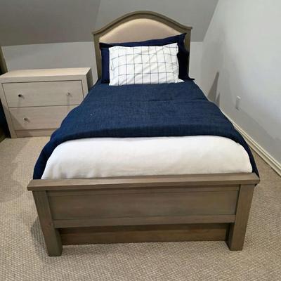 Sale Photo Thumbnail #286: Twin Trundle Bed #1 with mattresses. Driftwood color with natural colored upholstered headboard. SHEETS AND BEDDING (comforter, pillow, sham, sheets, & blanket) ARE NOT INCLUDED, The nightstand you see in the photograph is also NOT included. Note that the