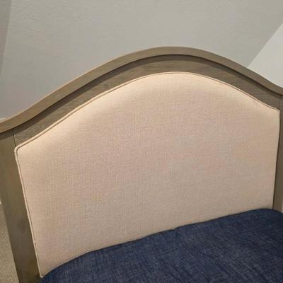 Sale Photo Thumbnail #288: Twin Trundle Bed #1 with mattresses. Driftwood color with natural colored upholstered headboard. SHEETS AND BEDDING (comforter, pillow, sham, sheets, & blanket) ARE NOT INCLUDED, The nightstand you see in the photograph is also NOT included. Note that the