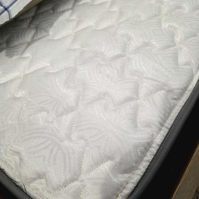 Sale Photo Thumbnail #294: Twin Trundle Bed #1 with mattresses. Driftwood color with natural colored upholstered headboard. SHEETS AND BEDDING (comforter, pillow, sham, sheets, & blanket) ARE NOT INCLUDED, The nightstand you see in the photograph is also NOT included. Note that the