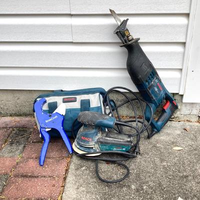LOT 36: Bosch Reciprocating Saw RS325, Orbit Sander with Bosch Tool Bag and Contents