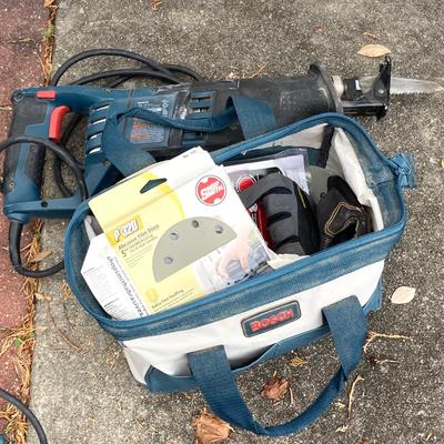 LOT 36: Bosch Reciprocating Saw RS325, Orbit Sander with Bosch Tool Bag and Contents