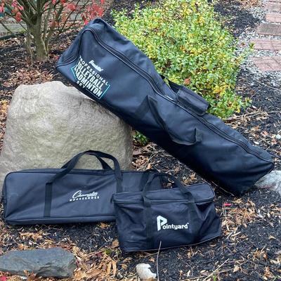 LOT 37: Outdoor Yard Games Collection in Storage Bags - Champion Sports Horseshoes, Franklin Volleyball & Badminton Set and Pointyard...