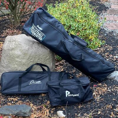 LOT 37: Outdoor Yard Games Collection in Storage Bags - Champion Sports Horseshoes, Franklin Volleyball & Badminton Set and Pointyard...