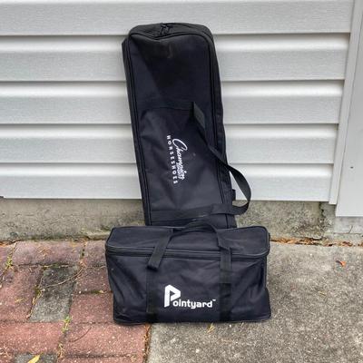 LOT 37: Outdoor Yard Games Collection in Storage Bags - Champion Sports Horseshoes, Franklin Volleyball & Badminton Set and Pointyard...