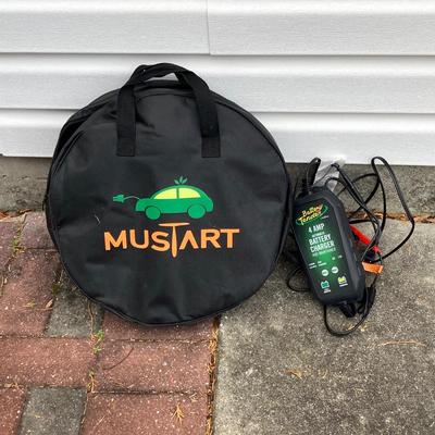 LOT 38: Intertek Mustart EV Charger / Plug with Carry Bag and Battery Tender / Charger by Deltran