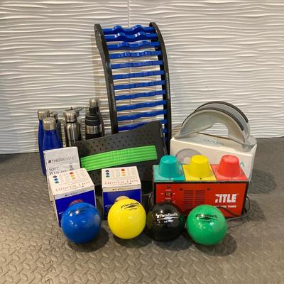 LOT 47: Collection of Fitness / Wellness Equipment - Ball Weights, Title Classic Pro Gym Timer, Back / Calf Stretchers and Water Bottles