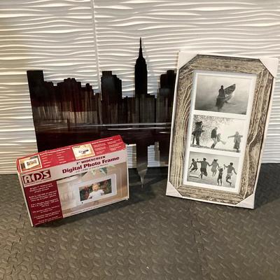 LOT 54: Metal City Skyline Wall Hanging / Art, ADs Digital Photo Frame and Picture Frame