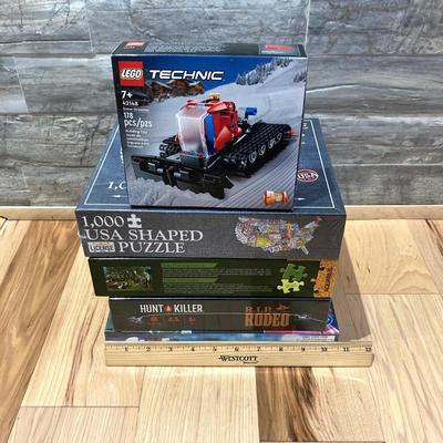 LOT 59: Collection of New in Package Board Games, Lego Building Set and Puzzles (Hunt Killer, Clue, Technic, The Office)