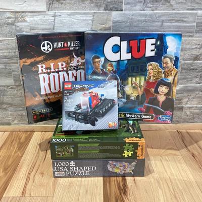 LOT 59: Collection of New in Package Board Games, Lego Building Set and Puzzles (Hunt Killer, Clue, Technic, The Office)