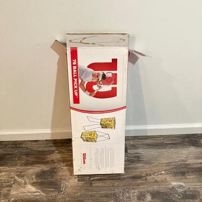 LOT 65: Tennis and Raquetball Collection - Wilson Raquets, Bucket of Penn Balls and Wilson 75 Pick Up Ball Carrier / Holder