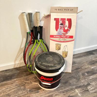 LOT 65: Tennis and Raquetball Collection - Wilson Raquets, Bucket of Penn Balls and Wilson 75 Pick Up Ball Carrier / Holder