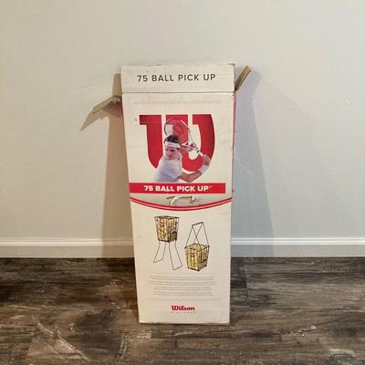 LOT 65: Tennis and Raquetball Collection - Wilson Raquets, Bucket of Penn Balls and Wilson 75 Pick Up Ball Carrier / Holder