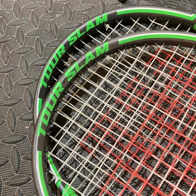 LOT 65: Tennis and Raquetball Collection - Wilson Raquets, Bucket of Penn Balls and Wilson 75 Pick Up Ball Carrier / Holder