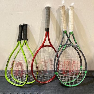LOT 65: Tennis and Raquetball Collection - Wilson Raquets, Bucket of Penn Balls and Wilson 75 Pick Up Ball Carrier / Holder