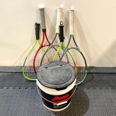 LOT 65: Tennis and Raquetball Collection - Wilson Raquets, Bucket of Penn Balls and Wilson 75 Pick Up Ball Carrier / Holder