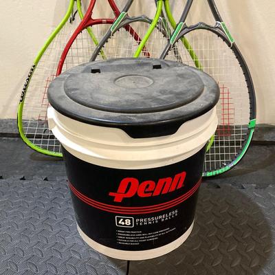 LOT 65: Tennis and Raquetball Collection - Wilson Raquets, Bucket of Penn Balls and Wilson 75 Pick Up Ball Carrier / Holder