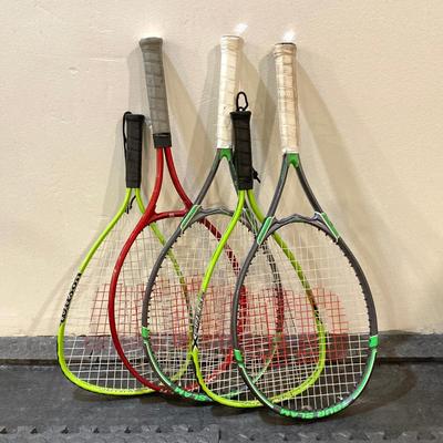 LOT 65: Tennis and Raquetball Collection - Wilson Raquets, Bucket of Penn Balls and Wilson 75 Pick Up Ball Carrier / Holder