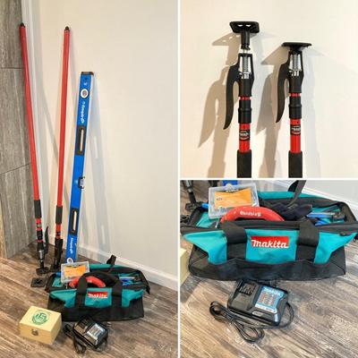 LOT 78: 3rd Hand Extension Tools with Makita Tool Bag and Contents, Router Bids, Empire Level and More