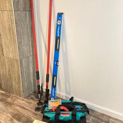 LOT 78: 3rd Hand Extension Tools with Makita Tool Bag and Contents, Router Bids, Empire Level and More