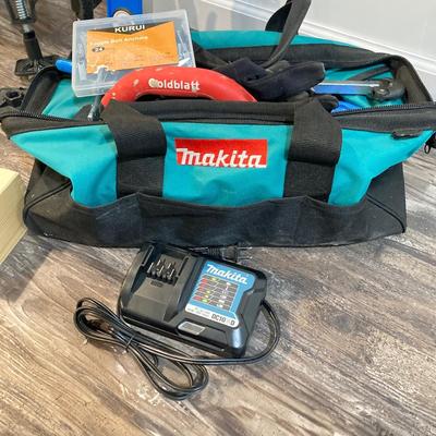 LOT 78: 3rd Hand Extension Tools with Makita Tool Bag and Contents, Router Bids, Empire Level and More