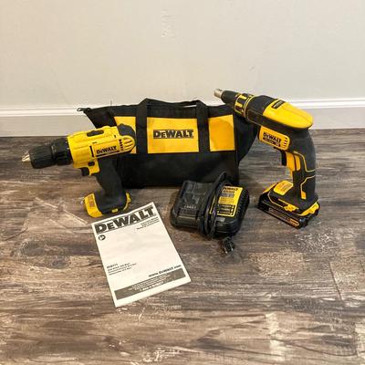 LOT 80: Cordless DeWalt Tool Collection with Storage Bag - Drill / Driver DCD771, Battery, Charger DCB112 and Drywall Screwgun DCF620