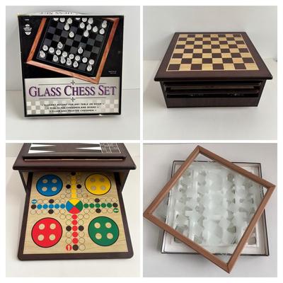 LOT 88: Glass Chess Set & Wooden Game Center