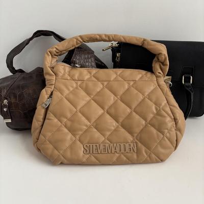 LOT 93: Ladies Purse Collection: Steve Madden Quilted Hobo, Faux Croc Embossed Leather Hobo & Faux Black Leather w/Gold Tone Hardware