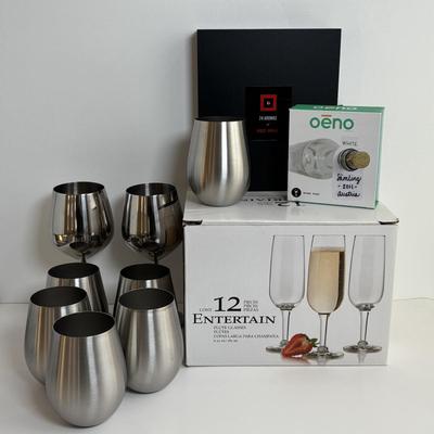 LOT 97: Stainless Steel Stemless Wine Tumblers & Pier One Wine Goblets, Oenophilia Wine Tags, Taster Place 24 Aromas of Red Wine Kit...