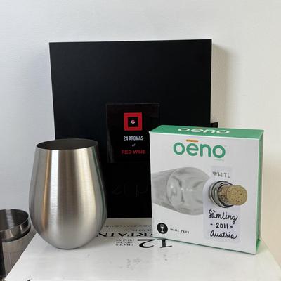 LOT 97: Stainless Steel Stemless Wine Tumblers & Pier One Wine Goblets, Oenophilia Wine Tags, Taster Place 24 Aromas of Red Wine Kit...