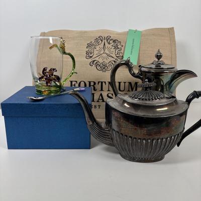 LOT 105: Vintage Silver-Plated Tea/Coffee Pots, Whimsical Glass along with a Fortnum & Mason 100% Plastic Free Jute/Cotton Bag