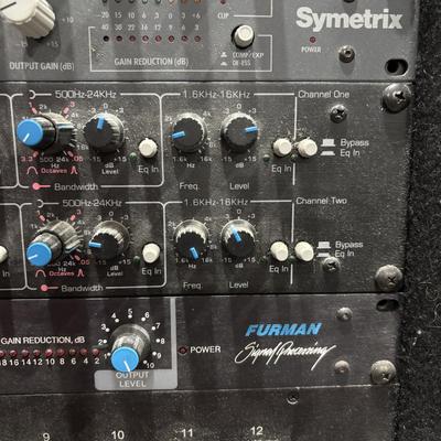 LOT 142: Odessey Audio Rack w/Equipment: Ashely Parametric Equalizer, Symetric 528 & 425, Furman Signal Processor