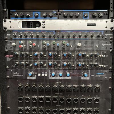 LOT 142: Odessey Audio Rack w/Equipment: Ashely Parametric Equalizer, Symetric 528 & 425, Furman Signal Processor