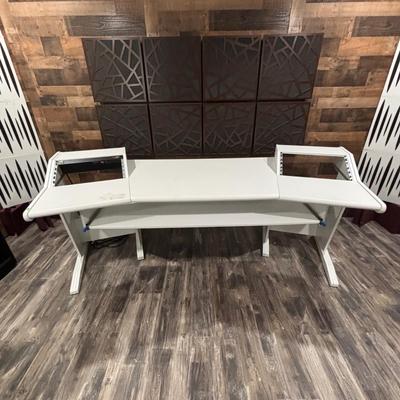 LOT 149: Producer Desk with Locking Keyboard Tray and Cyber Power CPS-1215 RM Surge Protector,