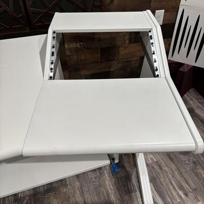 LOT 149: Producer Desk with Locking Keyboard Tray and Cyber Power CPS-1215 RM Surge Protector,