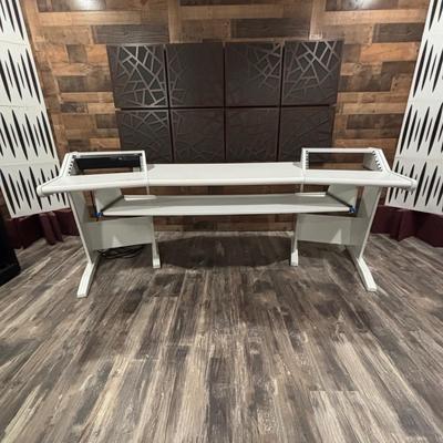 LOT 149: Producer Desk with Locking Keyboard Tray and Cyber Power CPS-1215 RM Surge Protector,