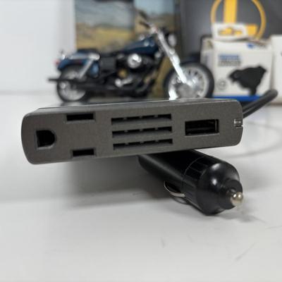 LOT 150: On the Road Collection: Road Pro RPP1-100USB Inverter, Vee Peak Scan Tool, Quro Lock Vibration Damper, Leatherman Multi Tool,...