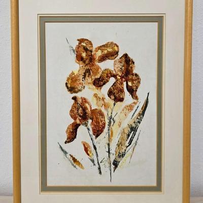 Sale Photo Thumbnail #302: This is another original vintage floral piece by Colorado artist, Ruth Moss in soothing hues of brown, gold, yellow, and green. Unsigned. Framed and matted. Frame measures 20"W x 15"H.