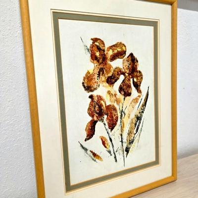 Sale Photo Thumbnail #299: This is another original vintage floral piece by Colorado artist, Ruth Moss in soothing hues of brown, gold, yellow, and green. Unsigned. Framed and matted. Frame measures 20"W x 15"H.