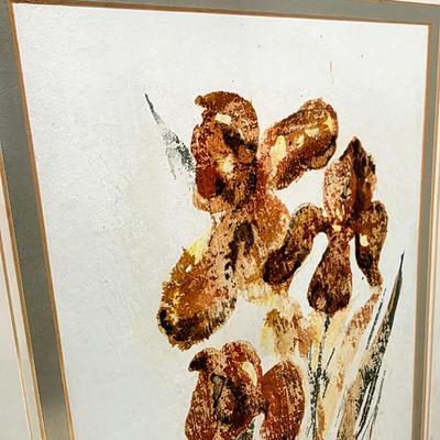 Sale Photo Thumbnail #300: This is another original vintage floral piece by Colorado artist, Ruth Moss in soothing hues of brown, gold, yellow, and green. Unsigned. Framed and matted. Frame measures 20"W x 15"H.