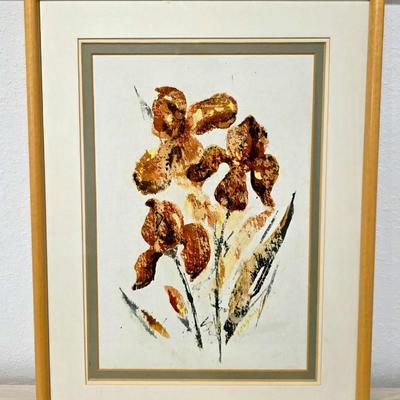 Sale Photo Thumbnail #298: This is another original vintage floral piece by Colorado artist, Ruth Moss in soothing hues of brown, gold, yellow, and green. Unsigned. Framed and matted. Frame measures 20"W x 15"H.