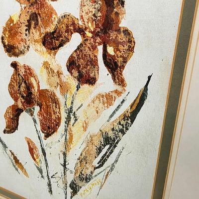 Sale Photo Thumbnail #301: This is another original vintage floral piece by Colorado artist, Ruth Moss in soothing hues of brown, gold, yellow, and green. Unsigned. Framed and matted. Frame measures 20"W x 15"H.