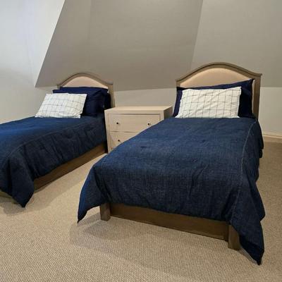 Sale Photo Thumbnail #311: Twin trundle bed # .with mattresses. Driftwood color with natural colored upholstered headboard. SHEETS AND BEDDING (comforter, pillow, sham, sheets, & blanket) ARE NOT INCLUDED, The nightstand you see in the photograph is also NOT included. Note that the