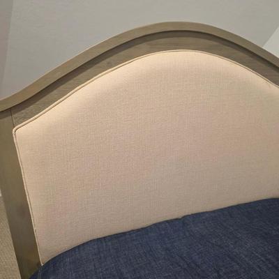 Sale Photo Thumbnail #306: Twin trundle bed # .with mattresses. Driftwood color with natural colored upholstered headboard. SHEETS AND BEDDING (comforter, pillow, sham, sheets, & blanket) ARE NOT INCLUDED, The nightstand you see in the photograph is also NOT included. Note that the