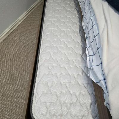 Sale Photo Thumbnail #310: Twin trundle bed # .with mattresses. Driftwood color with natural colored upholstered headboard. SHEETS AND BEDDING (comforter, pillow, sham, sheets, & blanket) ARE NOT INCLUDED, The nightstand you see in the photograph is also NOT included. Note that the