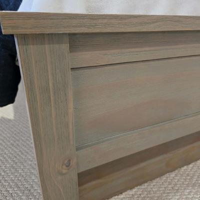 Sale Photo Thumbnail #305: Twin trundle bed # .with mattresses. Driftwood color with natural colored upholstered headboard. SHEETS AND BEDDING (comforter, pillow, sham, sheets, & blanket) ARE NOT INCLUDED, The nightstand you see in the photograph is also NOT included. Note that the