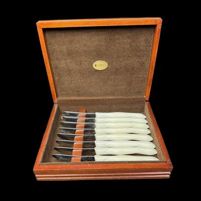 Sale Photo Thumbnail #768: Eight piece set with original wood box. Measurement of knives: 8.5”L (each, overall). [AG]
