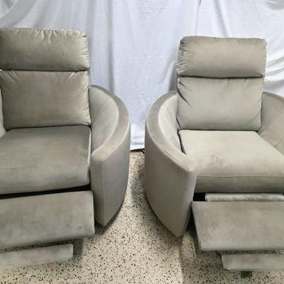 Sale Photo Thumbnail #345: Pair of modern gray microsuede swivel recliners. The recliners have curved armrests, and the light gray velvety fabric feels very elegant.  Each recliner has minor blemishes; most seem superficial dirty spots that could be easily cleaned, but please zoom 