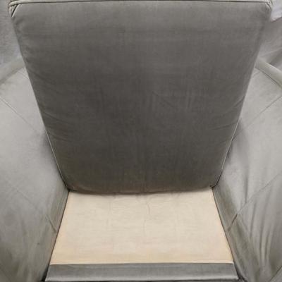 Sale Photo Thumbnail #338: Pair of modern gray microsuede swivel recliners. The recliners have curved armrests, and the light gray velvety fabric feels very elegant.  Each recliner has minor blemishes; most seem superficial dirty spots that could be easily cleaned, but please zoom 
