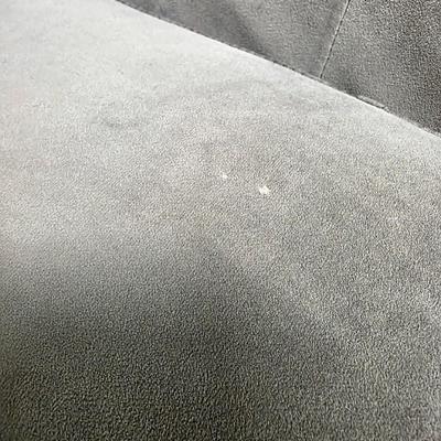 Sale Photo Thumbnail #347: Pair of modern gray microsuede swivel recliners. The recliners have curved armrests, and the light gray velvety fabric feels very elegant.  Each recliner has minor blemishes; most seem superficial dirty spots that could be easily cleaned, but please zoom 