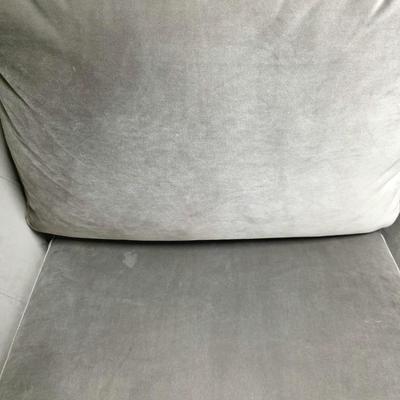 Sale Photo Thumbnail #333: Pair of modern gray microsuede swivel recliners. The recliners have curved armrests, and the light gray velvety fabric feels very elegant.  Each recliner has minor blemishes; most seem superficial dirty spots that could be easily cleaned, but please zoom 